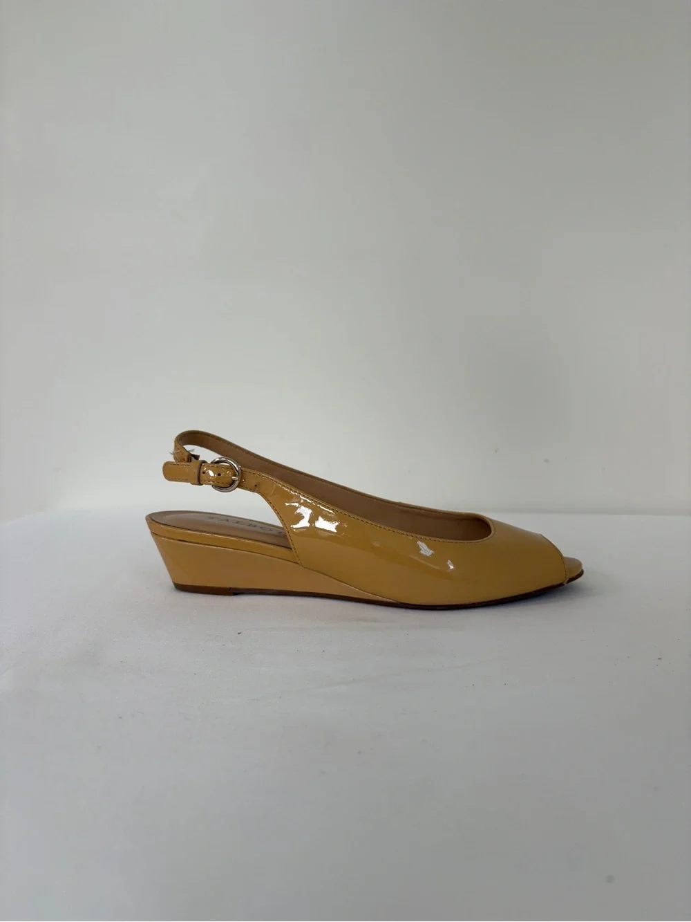 Talbots Mustard Yellow Patent Peep-Toe Slingback Wedge Leather